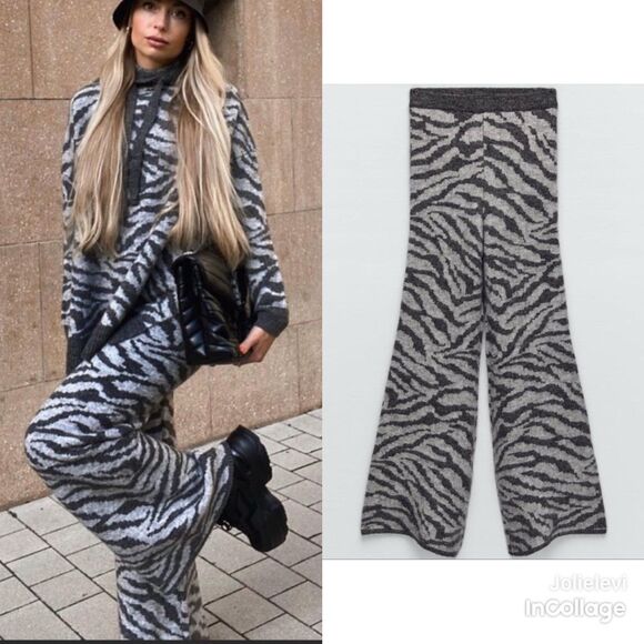 ZARA ANIMAL JACQUARD WOOL AND ALPACA BLEND PANTS - Picture 1 of 10